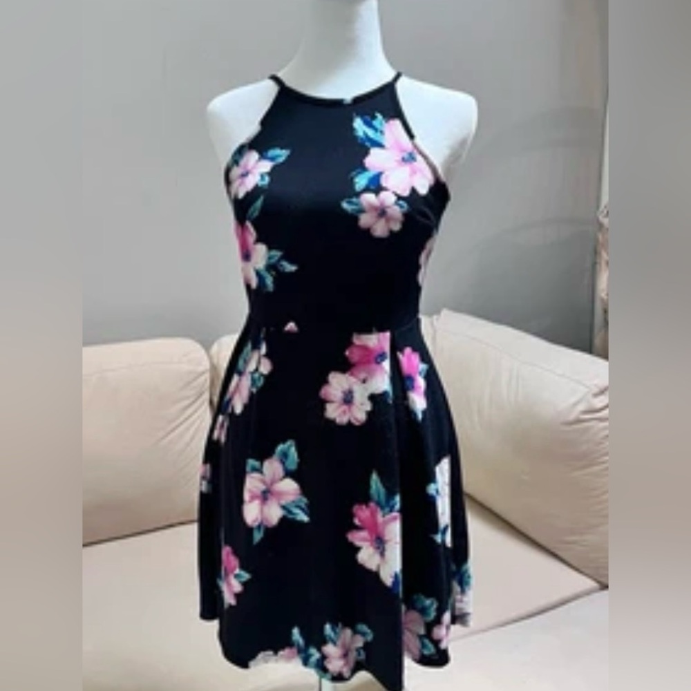 Monteau Black pink floral print Women's mini dress Medium